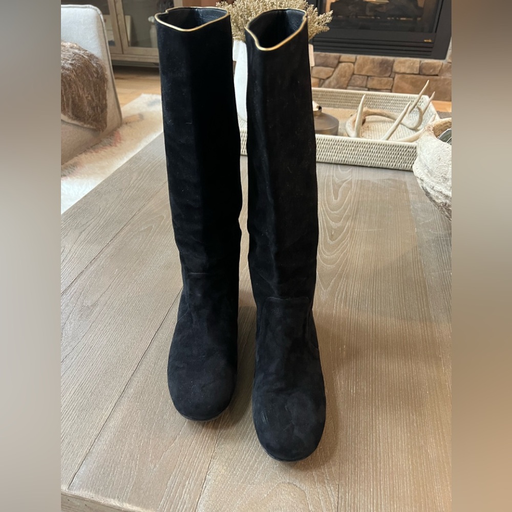 Chanel Vintage Tall Black Suede Boots with Gold Accents. Size 40C